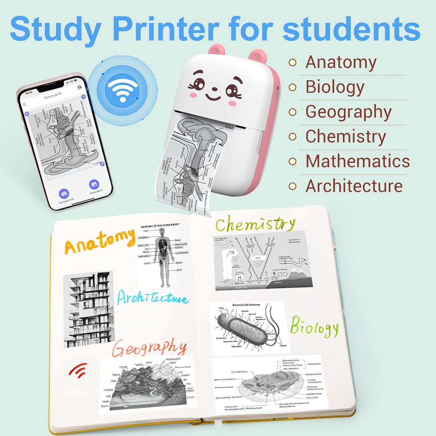 Thermal Mini Printer, Portable Inkless Sticker Maker, Printer for Phone, Wireless Label Printer with Tape, Free Cut Small Pocket Printer for Notes &, Compatible for IOS & for Android(Pink/Blue)