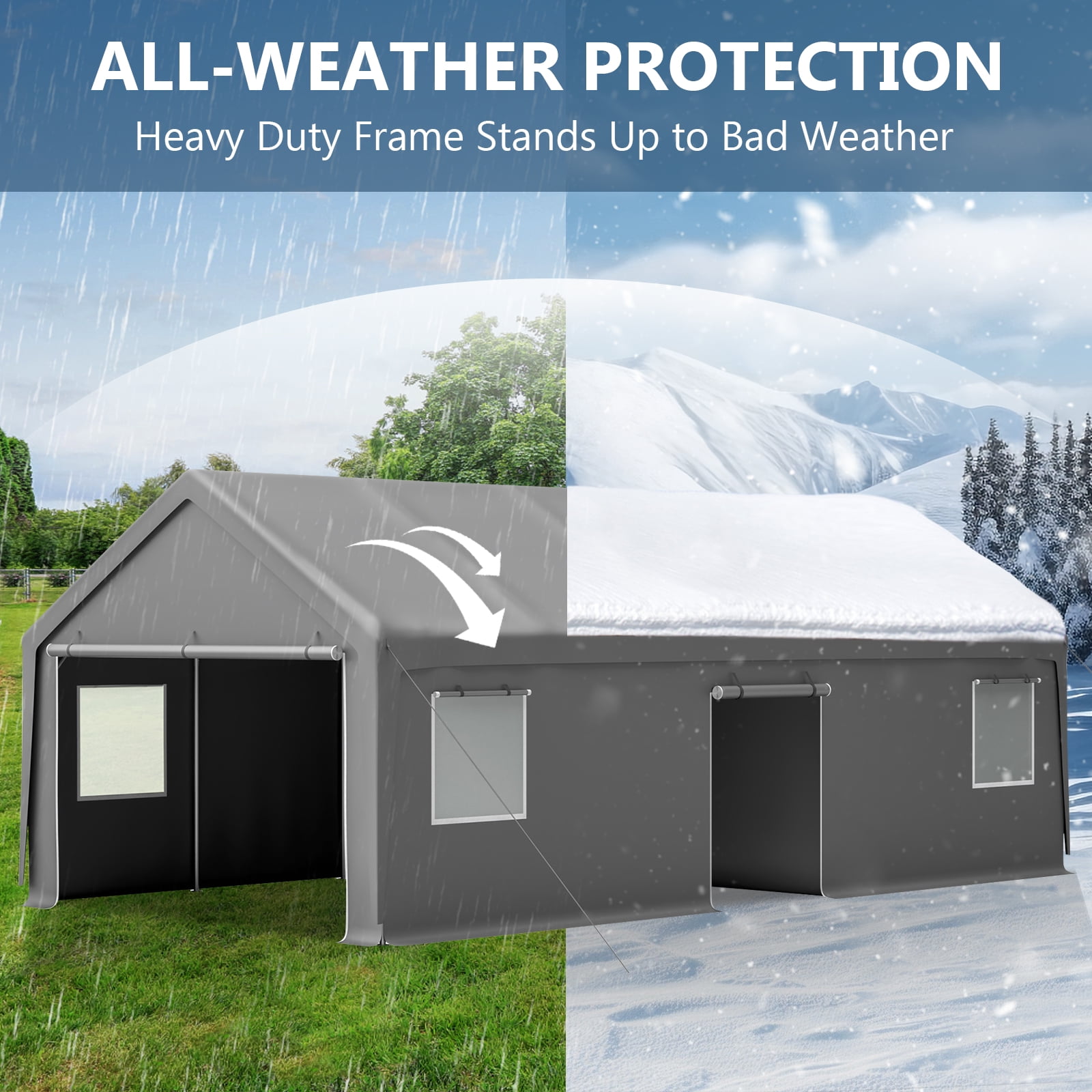 13x26 ft Heavy Duty Carport Canopy with Roll-up Ventilated Windows & Doors, Side Door Portable Garage with Metal Frame, Car Canopy with Waterproof & UV-Resistant for Car, Truck, Boat - Grey