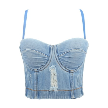 

Musuos Women s Denim Corset Crop Top Spaghetti Strap Push Up Bustier Backless Camisole