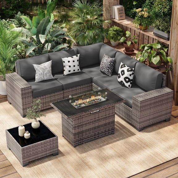 Poteban Outdoor Sectional with Fire Pit Table, 8 Inch Armrest Patio Furniture Set with Waterproof Cover for Garden Backyard, 4'' Thickened Cushion,Grey&Grey