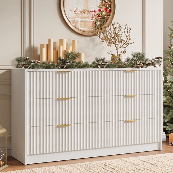 YouTrend 6 Drawer Dresser for Bedroom,55.1"Width Fluted Wood Chest of Drawer with Golden Embedded Handles for Living Room,White