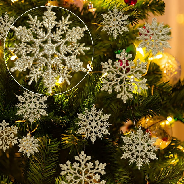 Decoración navideña, adornos navideños, regalos navideños, adornos navideños, adornos de copos de nieve blancos, adornos de copos de nieve de plástico con purpurina, joyas de copos de nieve