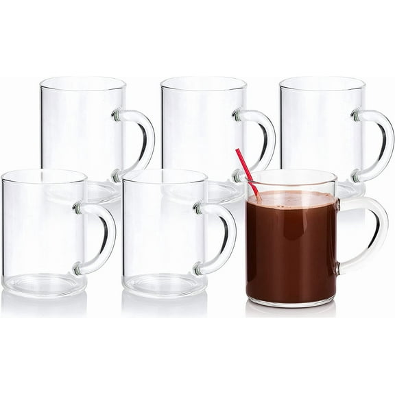 6 Pack 12 oz Clear Glass Cup Wall Mug With Handles for Coffee Tea Hot or Cold and Stainless Steel Metal Spoon