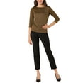 thumbnail image 3 of INSPIRE CHIC Women's Check Top Boat Neck 3/4 Sleeve Plaid Houndstooth Blouse M Brown-gold, 3 of 9