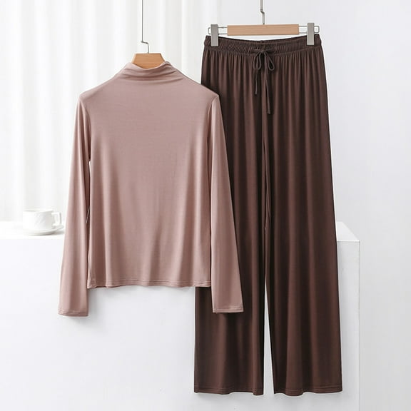 Weiqiqre Plus Size Pajamas for Women Set Lounge Set Solid Color High Neck Long Sleeve Sleep Set Pants Suit Soft Loungewear