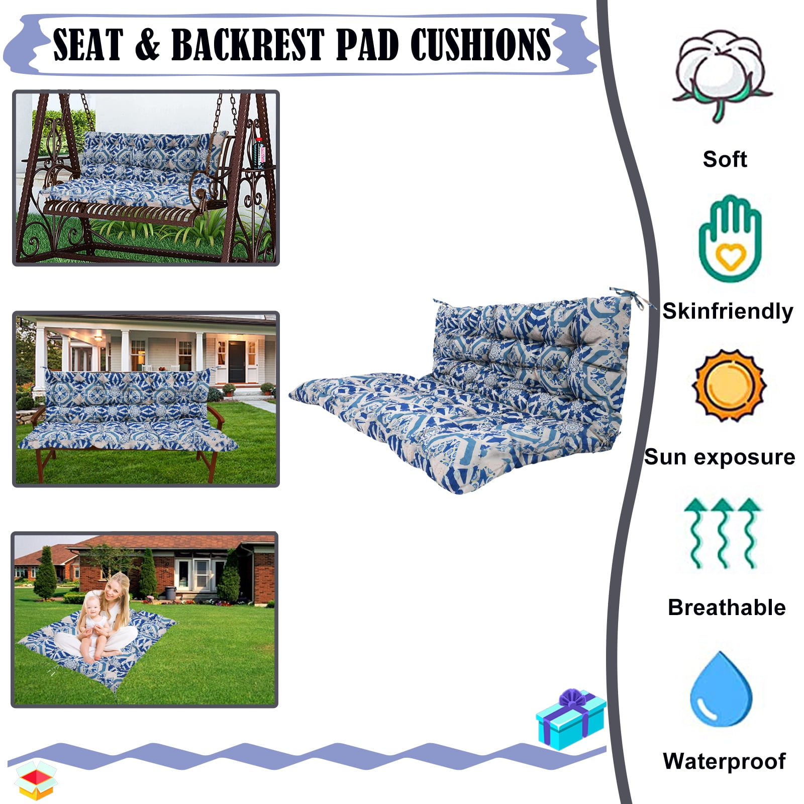 XXLYY Porch Swing Cushions, Waterproof Swing Replacement Cushions with Backrest and Ties, Garden Bench Seat Cushion, Outdoor Porch Patio Swing Non-Slip Chairs Pad
