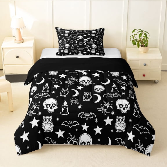 Homewish Halloween Skull Bats Twin Comforter Sets,Moon Stars Bedding Set,Black White,Black Reversible,2pcs,1 Comforter and 1 Pillowcase