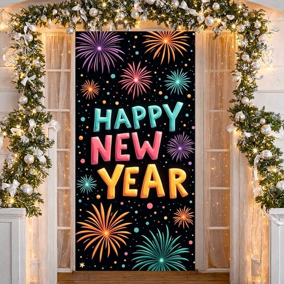 Colorful Fireworks Happy New Year Banner Shiny Letters Festive Backdrop Vibrant Design Firework Patterns Holiday Background for New Year Party Holiday Celebration Family Gathering