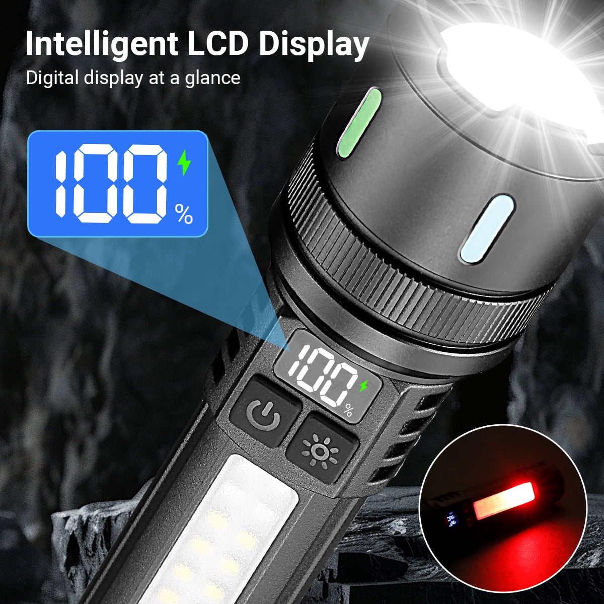 2pack High Lumens Rechargeable Flashlights,7Modes Super Bright Waterproof Handheld Powerful Flashlight with COB Sidelight and LCD Power Display for Emergencies/Home/Camping/Outdoor