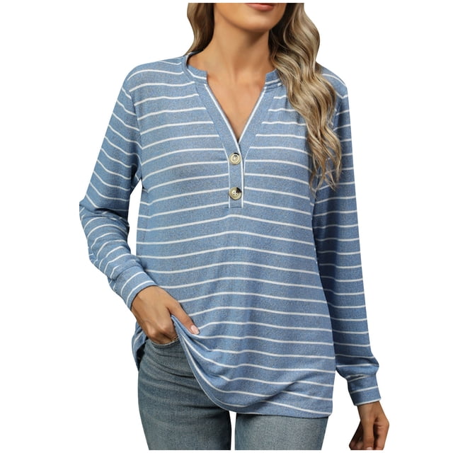 MeetoTime T-Shirt à Manches Longues Rayé pour Femmes Tunique Décontractée à Col en V Boutonnée Tenue Décontractée Douce d'Automne