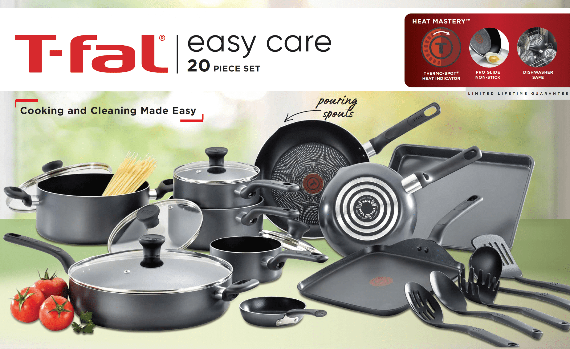 T-fal Essentials Nonstick Aluminum 20 Piece Cookware Set & Cooking Utensils