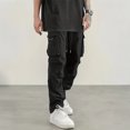 thumbnail image 4 of Men's Cargo Straight Leg Pants, Loose Solid Elastic Drawstring Waist Casual Outdoor Athletic Trousers with Multi-Pocket Black M, 4 of 6