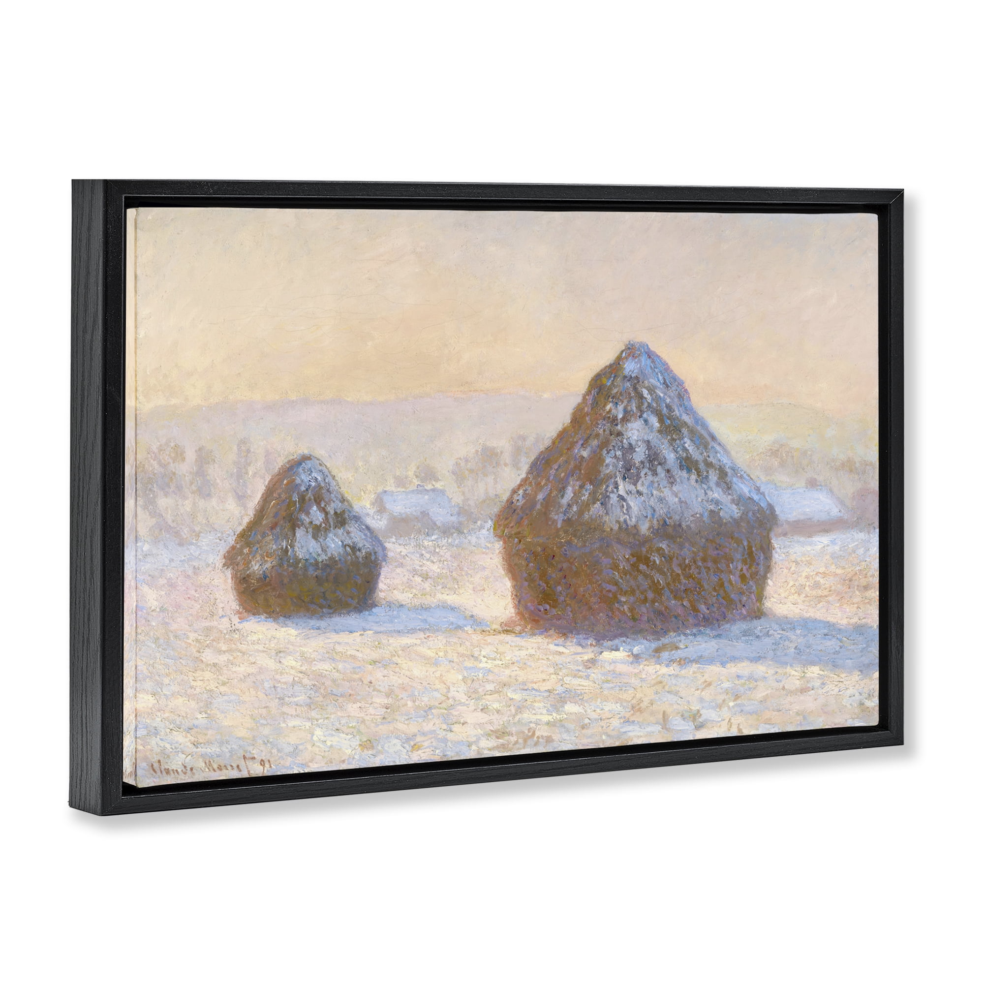 Stupell Industries Classic Monet Wheatstacks Landscape & Nature Painting Black Floater Framed Canvas Art Print Wall Art, 25 x 17
