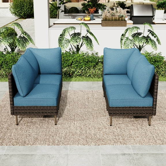 Summit Living 4-Seat Wicker Patio Furniture Set with Cushions and Pillows, Outdoor Sectional Conversation Set, Blue
