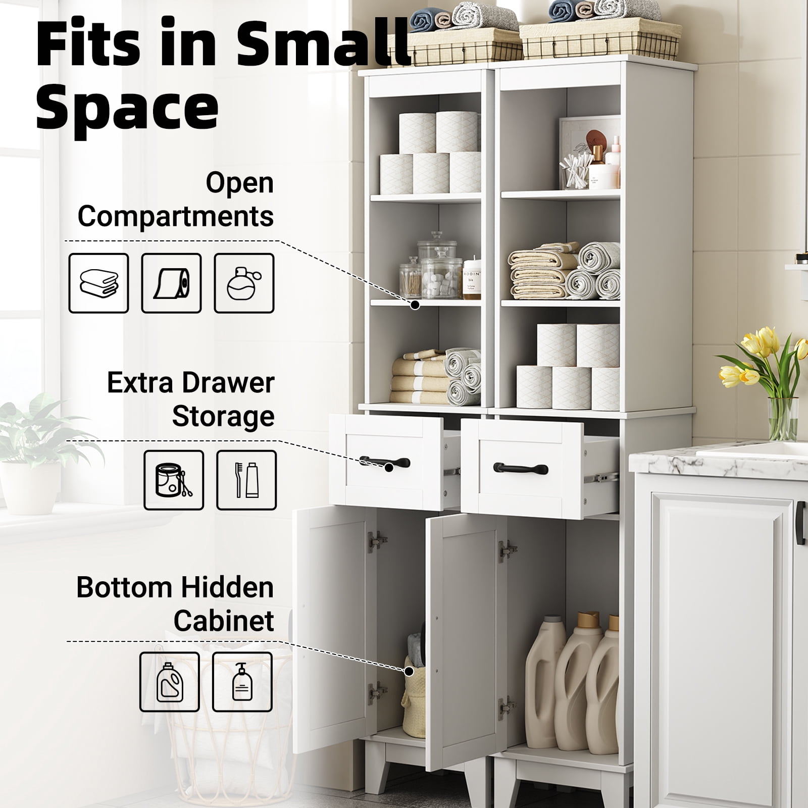 Tall Bathroom Storage Cabinet with Barn Door and Drawer, Narrow Freestanding Linen Cabinet for Bathroom, White