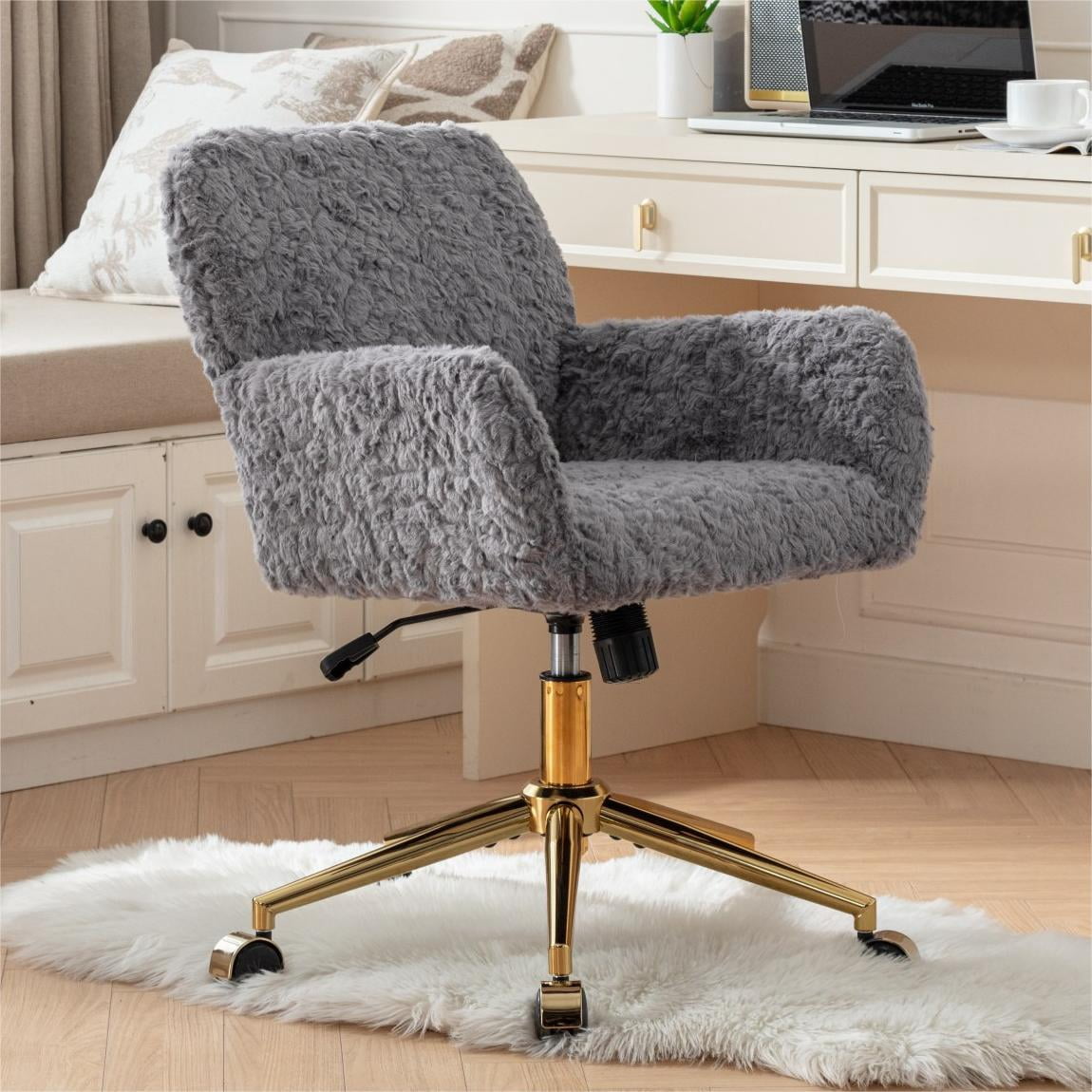 Office Chair,Home Office Chair with Golden Metal Base,Adjustable Desk Chair Swivel Office Chair,Vanity Chair,Gray