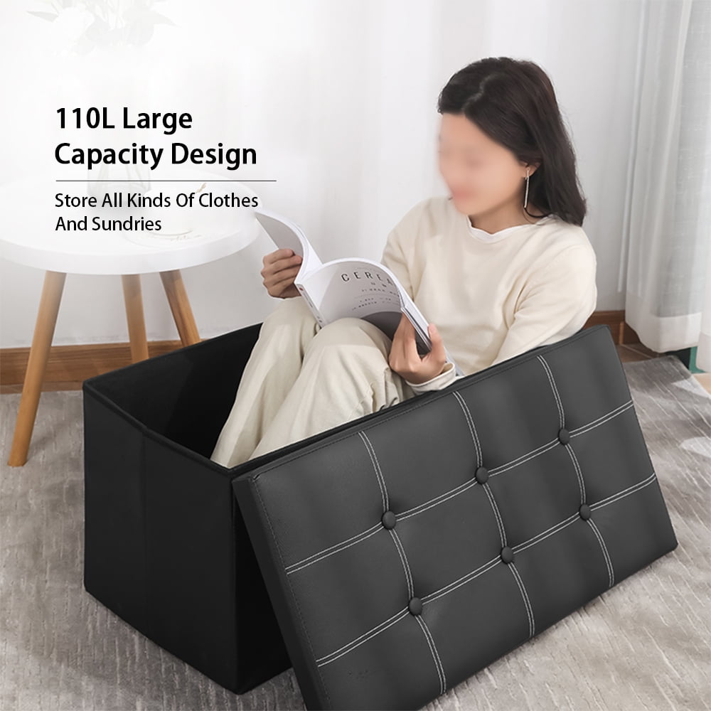 WEPSEN Folding Storage Ottoman Bench,Leather Footstool End of Bed Storage Bench Storage Chest,Foot Rest for Living Room,Bedroom Hallway Bench with Storage,Holds up to 330lb,30x15x15inches,Black