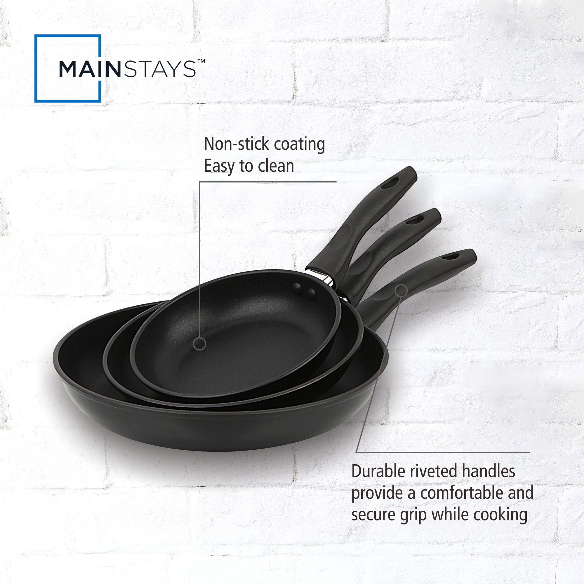 Mainstays 3-Piece Nonstick Aluminum Skillet Set, Black Finish Set of 3