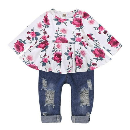 

WESIDOM girl s clothing suit cute baby girl floral long-sleeved pants suit floral ruffled top ripped design jeans size 12-18M 18-24M 2-3T 3-4T.