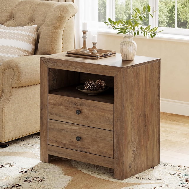 Tribesigns Table de Nuit avec Rangement à 2 Tiroirs, Table d'Appoint Rétro pour Chambre, Brun Rustique