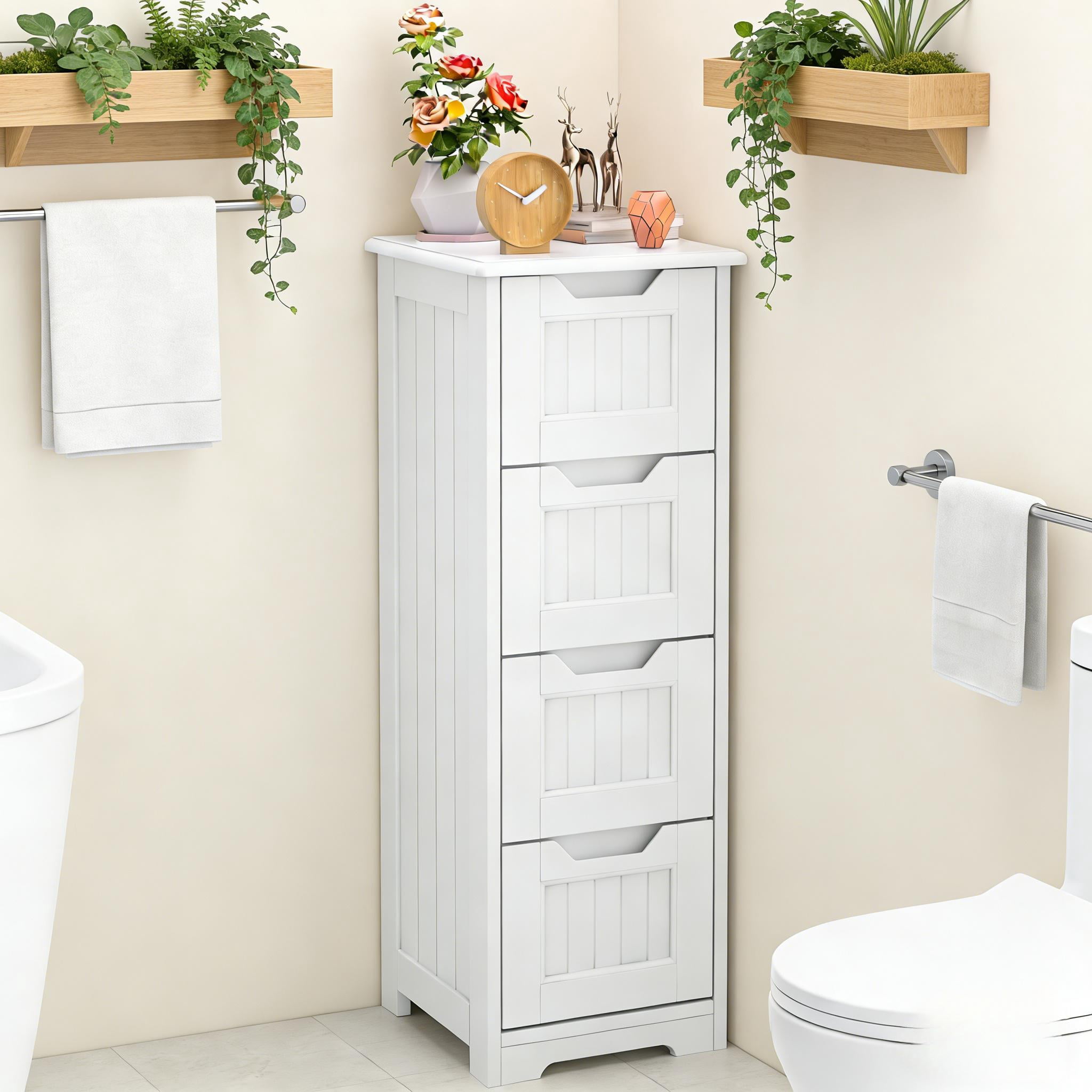 Storage Cabinet, Small Free Standing Narrow Cabinet with 4 Drawers for Living Room, Bedroom, Bathroom,White