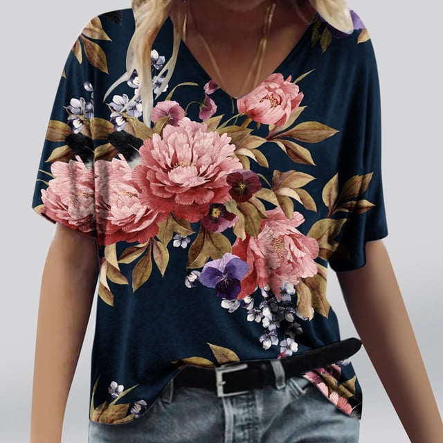 Fiudx Ofertas de La Semana Blusas y Blusas con Cuello En V de Manga Corta para Mujer, Informales, a La Moda, Primavera y Verano