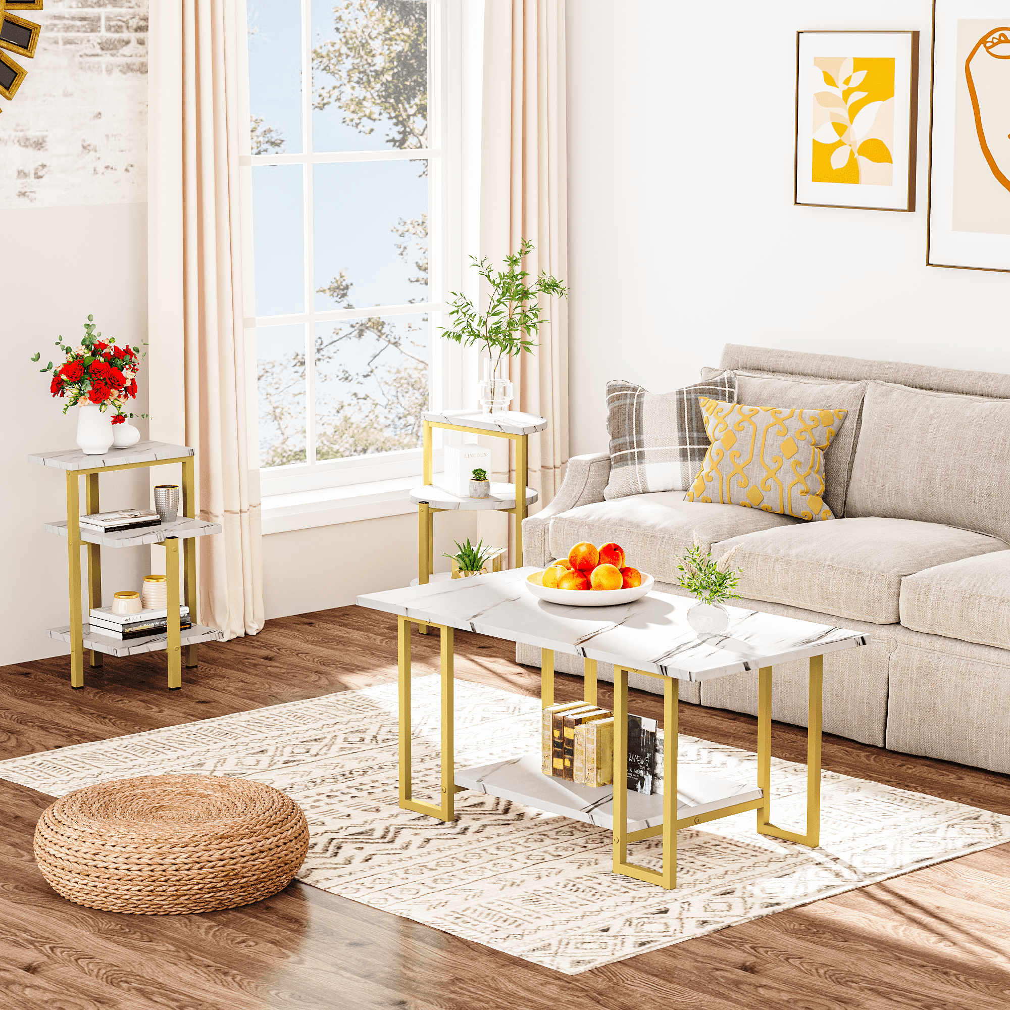 Baxluxe 3 Pieces Faux Marble Table Set, Modern Rectangle Coffee Table with 2 Side Table, Faux Marble Tabletop and Metal Frame, 3 Pieces Table Sets for Living Room, Apartment, White & Black