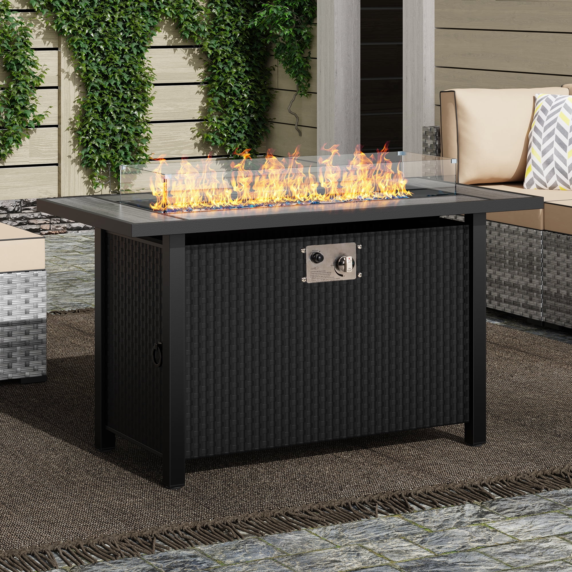 Walsunny 45" Propane Fire Pit Table 50,000 BTU Steel Gas Fire Pit with Removable Lid & Waterproof Cover and Tables