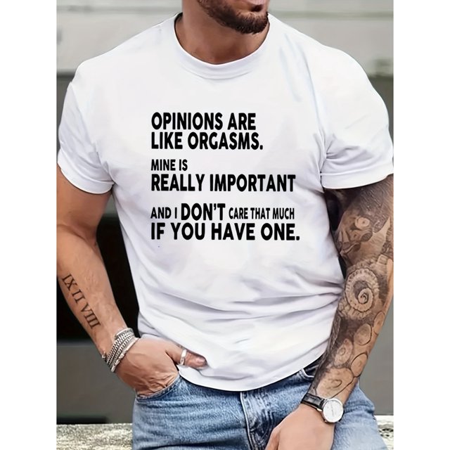 "OPINIONS ARE LIKE ORGASMS" Letters Print Casual Crew Neck Short Sleeves For Men, Quick-drying Comfy Casual Summer T-Shirt For Daily Wear Work Out And Vacation ResortsFather's Day, Mother's Day, New