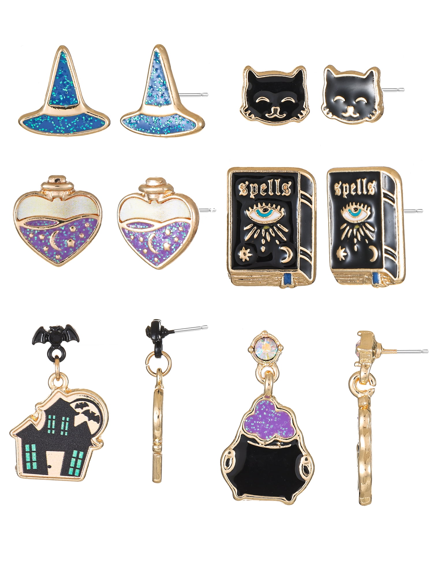 Way to Celebrate Halloween Motif Earrings, Multicolored, Goldtone, 6 Pairs, Female