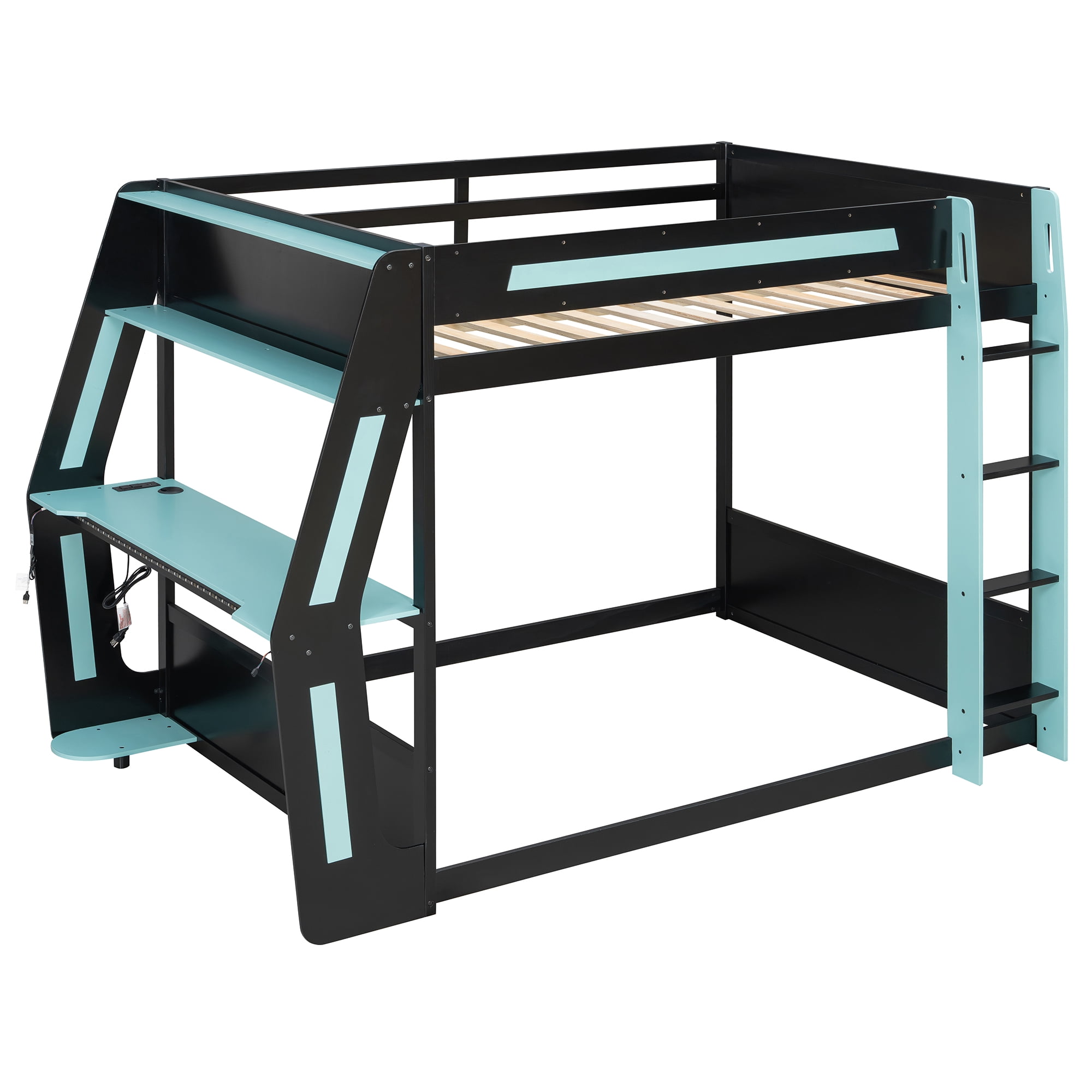 Aukfa Full Over Full Gaming Bunk Bed with Desk, USB Charging Station & LED Lights, Heavy-Duty Wood Esports Loft Bed Frame, Blue