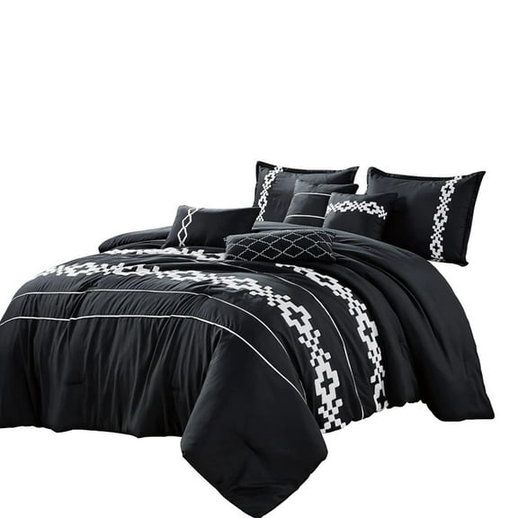 7 Piece Black White Boho Comforter Set Modern Embroidery Soft Bedding Queen
