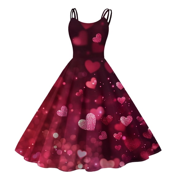 LWavelet 2026 Valentine's Sweet Short Sleeve Dress, Women's Love Heart Rose Print Fitted A Line Flowy Casual Sundresses Wine M