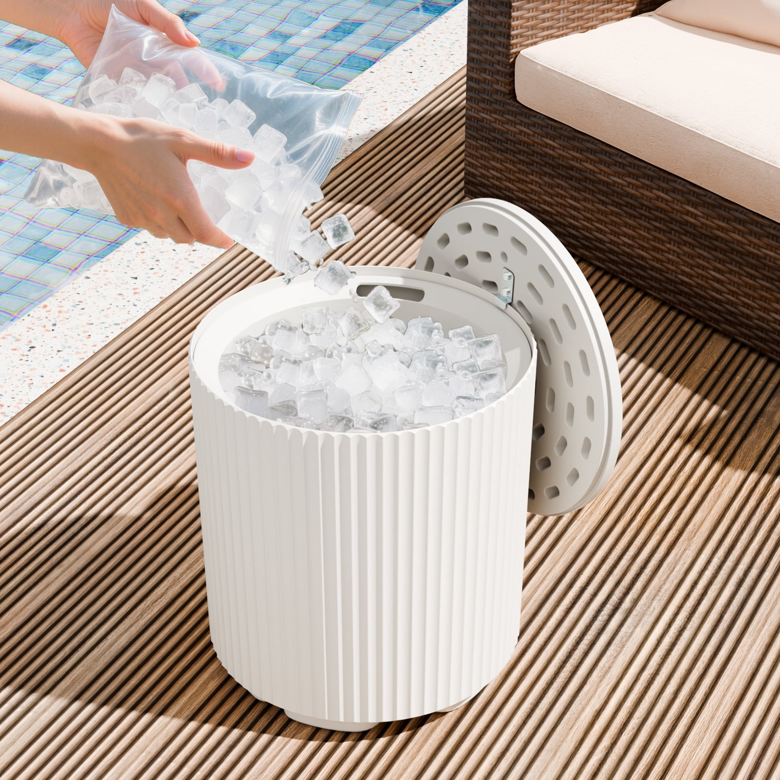 Chiccushion Outdoor Cooler Side Table, Portable Ice Bucket with Lid, Patio Table and Ice Chest Storage for Party, Poolside, Deck, White