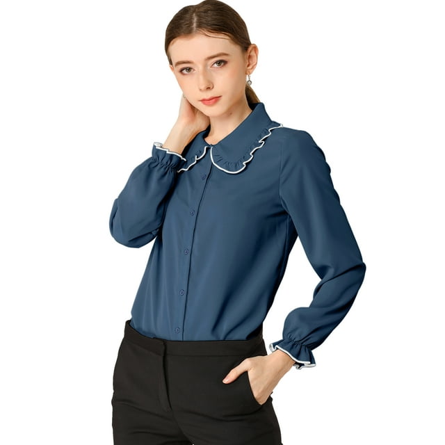 INSPIRE CHIC Women's Sweet Ruffle Peter Pan Collar Button Up Work Shirts