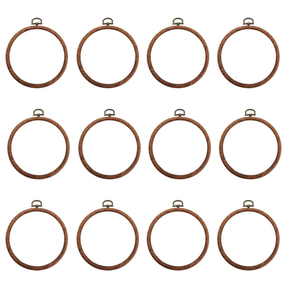 12 Pcs DIY Embroidery Hoops, 5.5 in / 14 cm Plastic Embroidery Frame Set for Cross Stitch and Needlecraft Projects, Brown Round Circle Bulk Embroidery Hoops with Hanging Ring