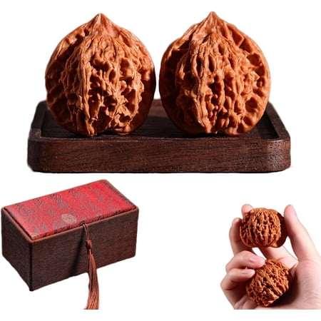 Premium Chinese Walnuts Fidget for Hand Therapy - High-Polished Wenwan Walnuts , Natural Wood Baoding Massage Balls for Stress Relief, Focus Aid, Meditation - Complete Gift Set with Box & Brush