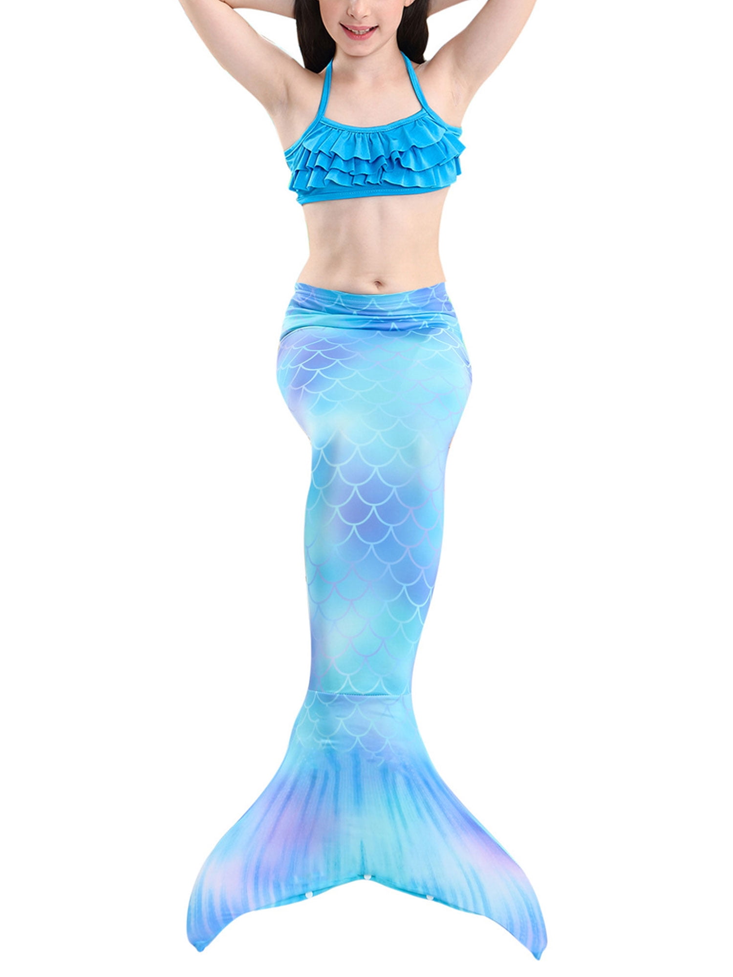 US Kids Girls Mermaid Tail Swimmable With Monofin Swimming Bikini Sets Swimsuit 