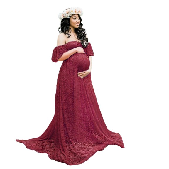 Lightweight Breathable Fabric Maternity Gown Dress Elegant Lace Detailing and Trailing Bottom for Most Trimesters