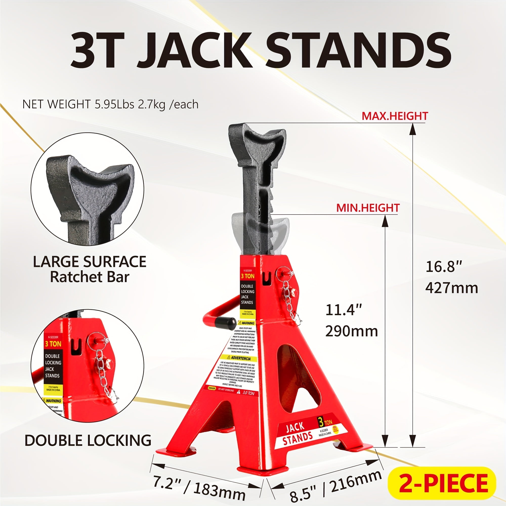 POVANLI Car Jack Set, 2 Ton Low Profile Floor Jack, Two 3T Jack Stand, Tire Repair Kit, L-Wrench, 4000LBS Trolley Jack for Car, Truck, SUV, Quick Lift 3.3''-15.2'' Red