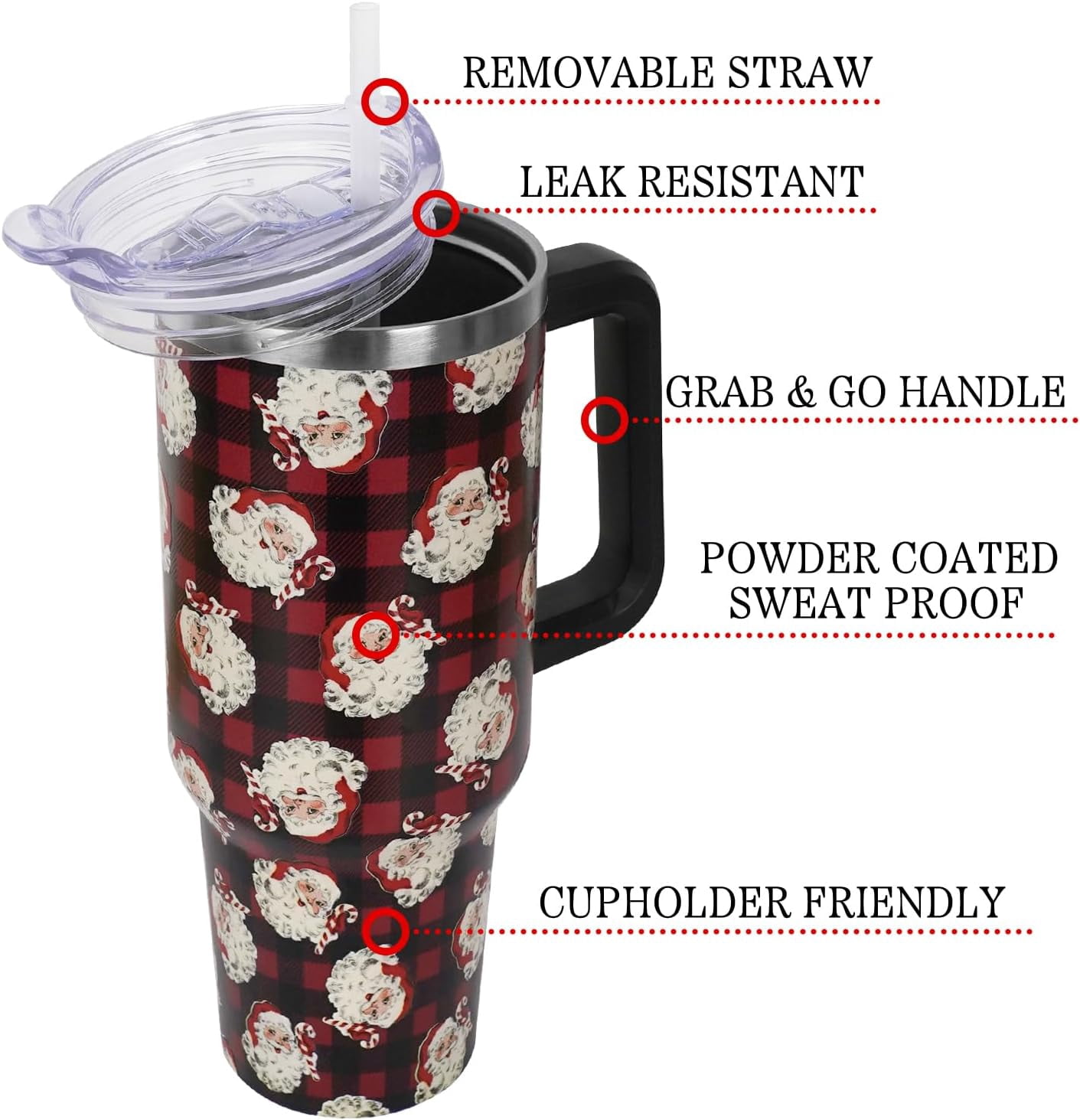 Christmas Santa Red Buffalo Plaid Tumbler with Handle and Straw Lid 40 oz,Cute Christmas Gifts for Women Vacuum Insulated Leak Proof Tumbler,Winter Holiday Accessories Stainless Steel Coffee Cup Mug