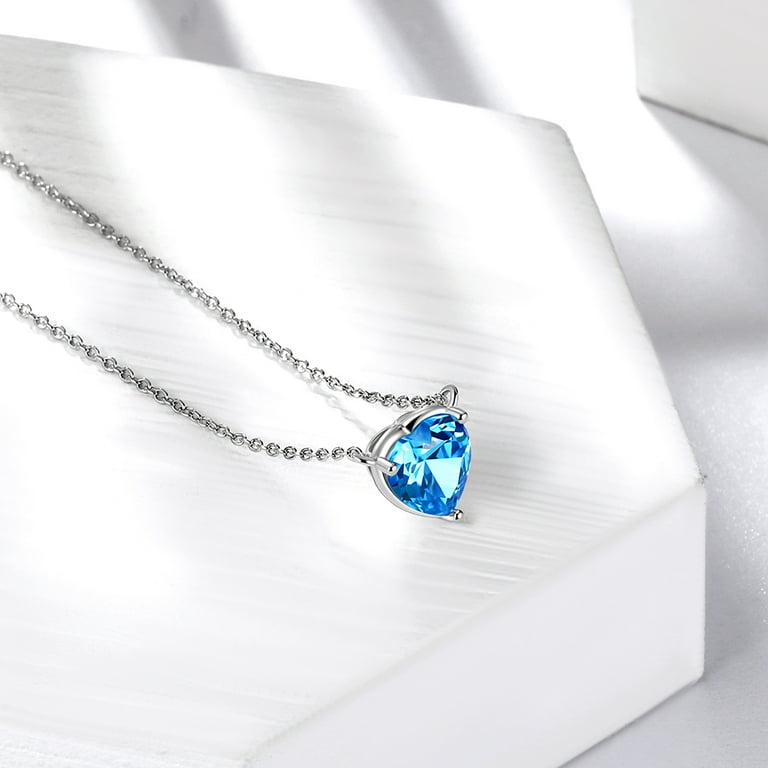 Beautlace 925 Sterling Silver March Birthstone Necklace Tiny Hearts Love Pendant Women Minimalist Mar. Aquamarine Heart Stone Birth Necklace Birthday
