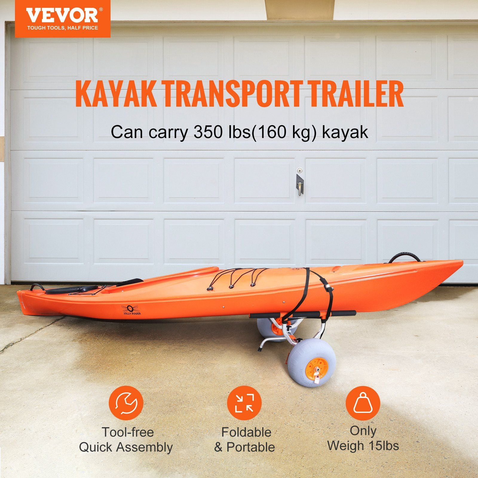 Heavy Duty Kayak Cart with 12" Wheels, Foldable Canoe Trolley, Adjustable Width 6.69-17.32", 350LB Capacity for Kayak/Canoe/Paddleboard