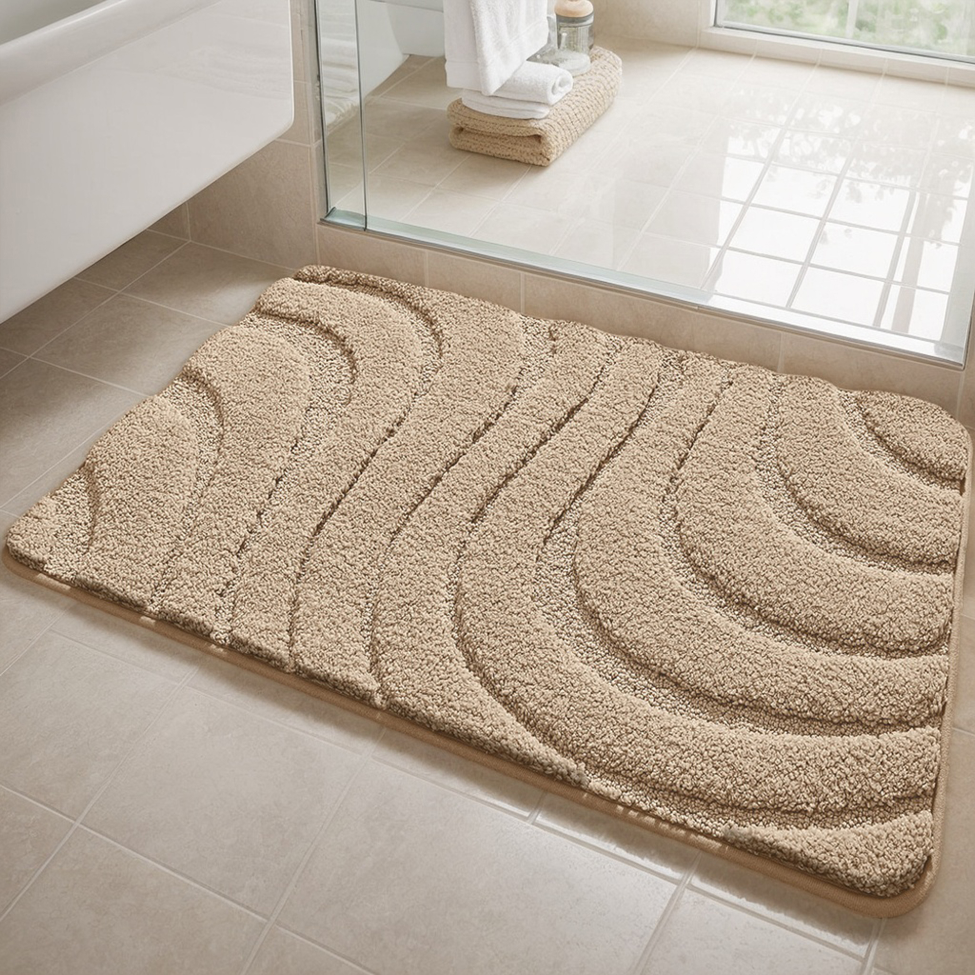 Unique Bargains 2 Pcs Geometry Absorbent Bathroom Rug Light Gray/Khaki 16" x 24"