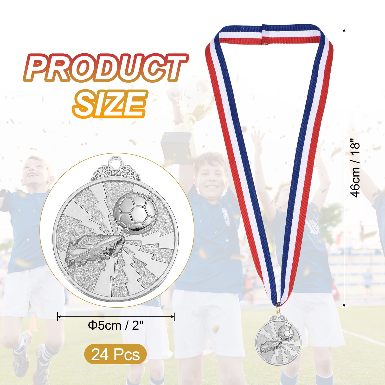 Uxcell 2 Inch Soccer Medals Silver Award Medals with Neck Ribbon for Team Sports Games Party Favors 24 Pieces