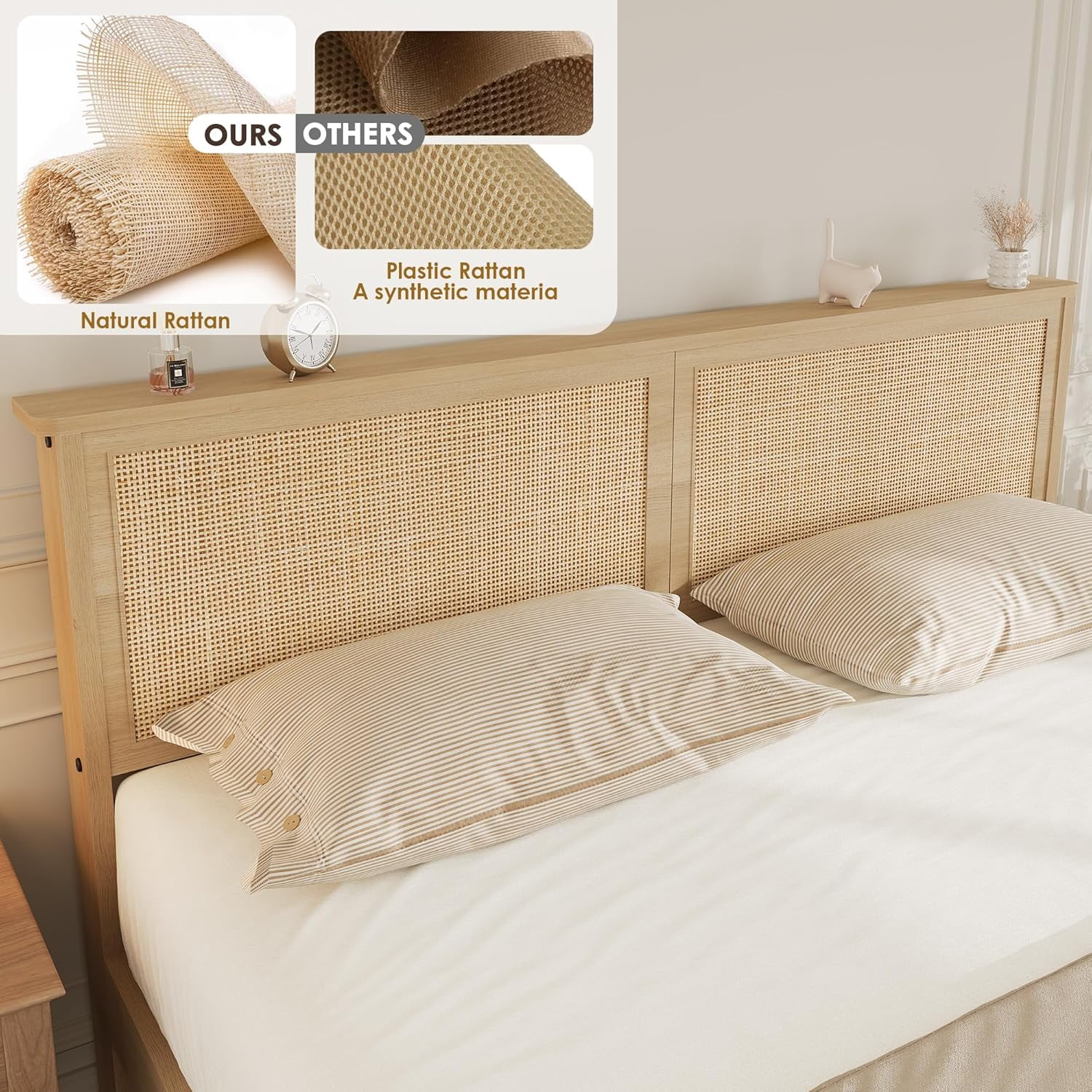 Rattan Queen Size Bed Frame with 2 Storage Drawers, Queen Platform Bed Frame with Natural Rattan Headboard, Boho Bed Frame with Strong Wood Slats Support, Noise Free, No Box Spring Needed