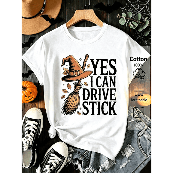 Halloween Witch Broom Graphic T‑Shirt for Women, Retro Fall Short Sleeve Crewneck Casual Holiday Tee Top