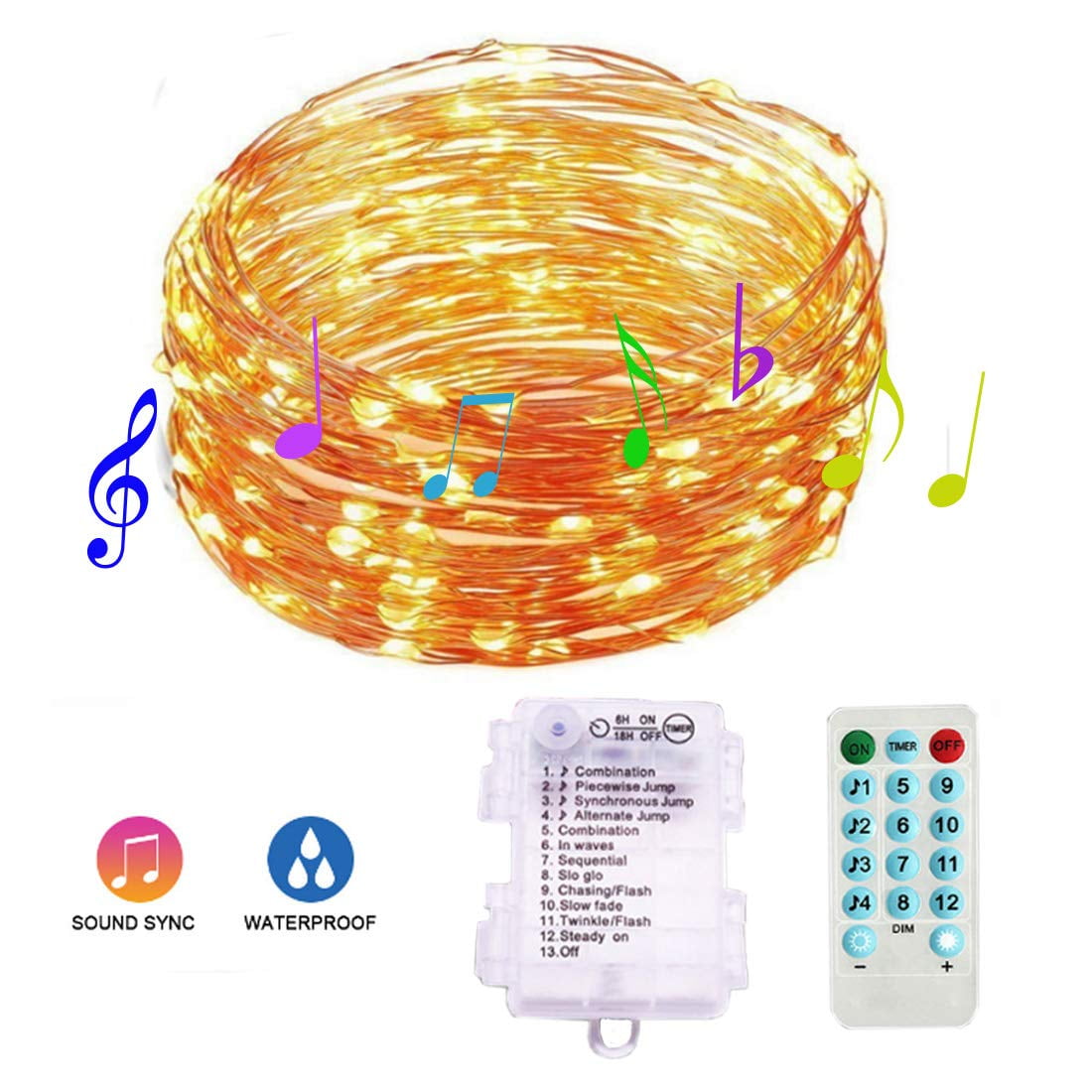 Waterproof LED String Lights,Sound Activated Music Sync Light Copper
