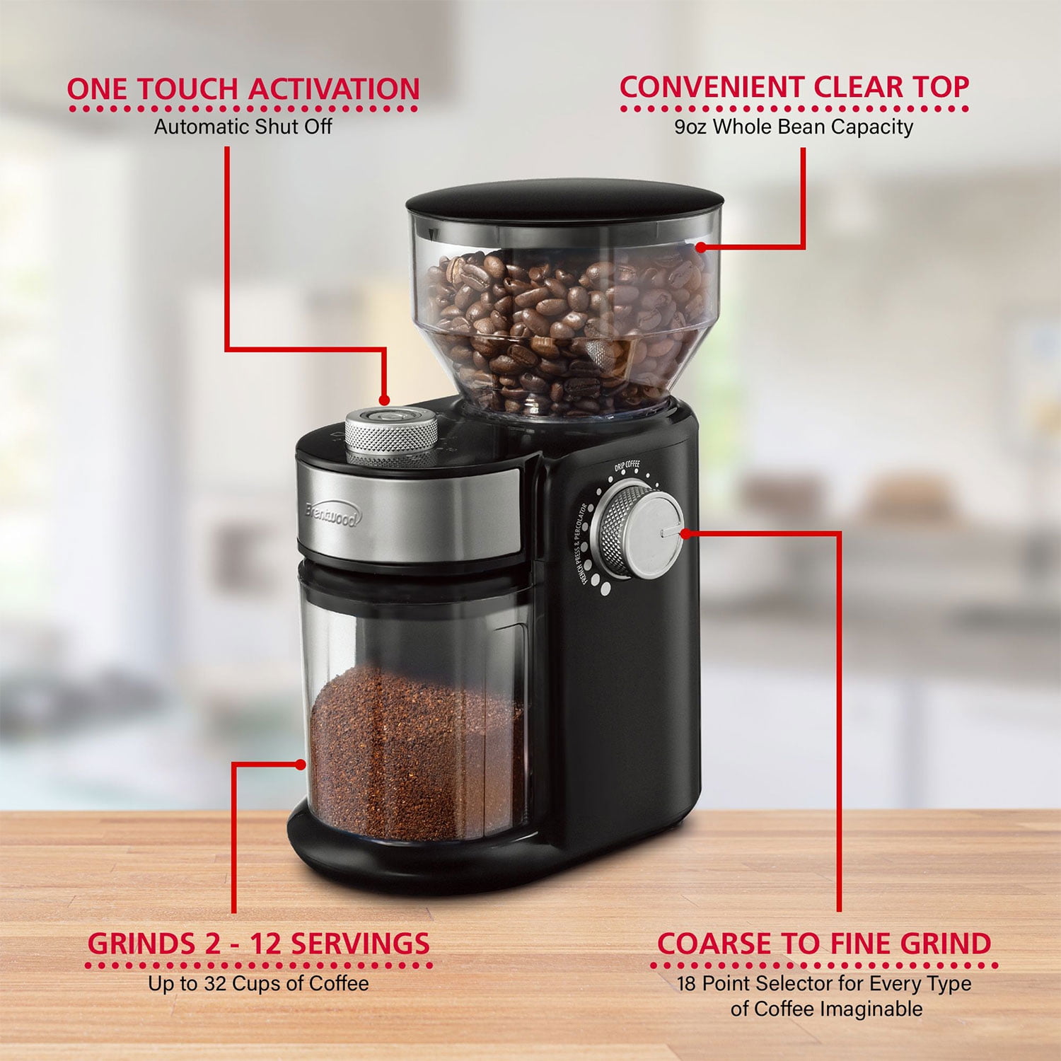 Brentwood 9 Ounce Automatic Burr Coffee Bean Blender Grinder Mill, Black