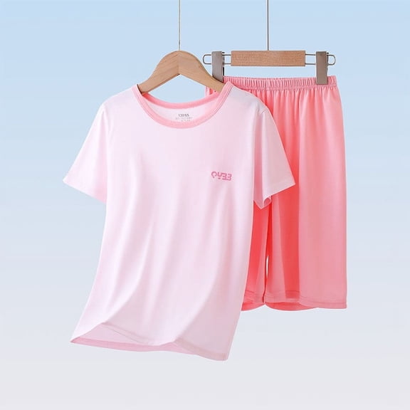 Amidoa Boys Summer Outfits 2 Piece Cute Short Sleeve Top and Casual Shorts Kids Clothing Sets Pink Size 14